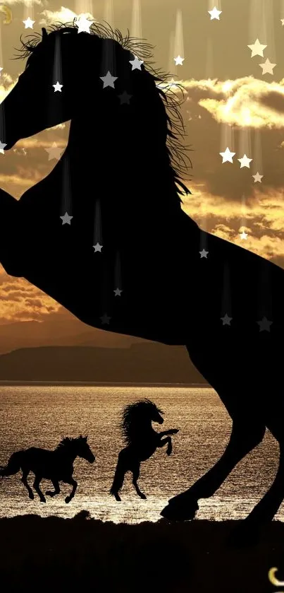 Horse silhouette against a golden sunset with star accents.