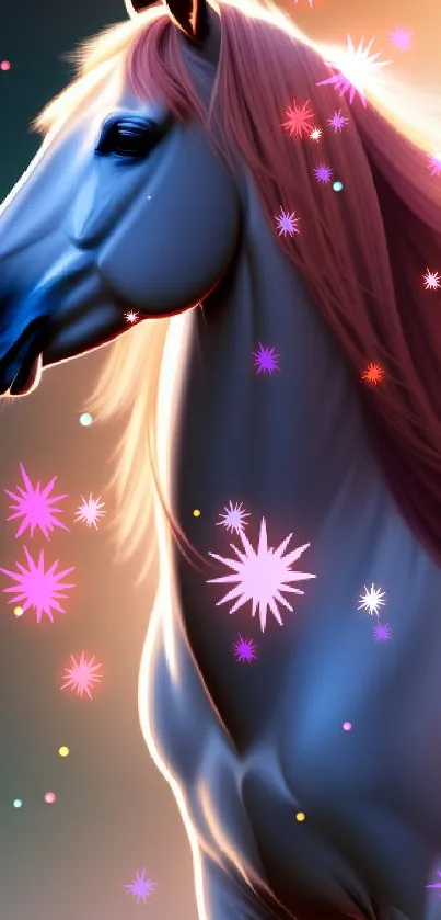 Digitally illustrated majestic horse with vibrant, dynamic lighting.