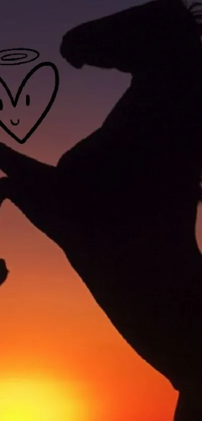 Silhouette of a rearing horse against an orange sunset sky with heart motif.