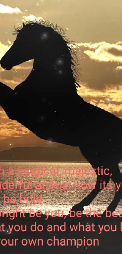 Rearing horse silhouette against orange sunset with inspirational text.