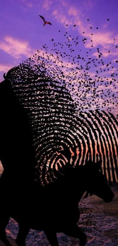 Horse silhouette transforms into fingerprint against purple sky.