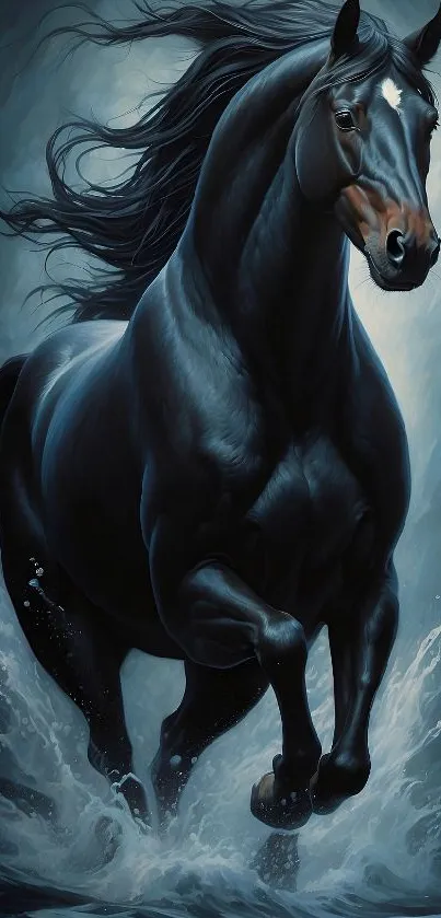 Majestic black horse galloping through water.