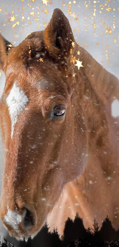 Brown horse with starry night background.