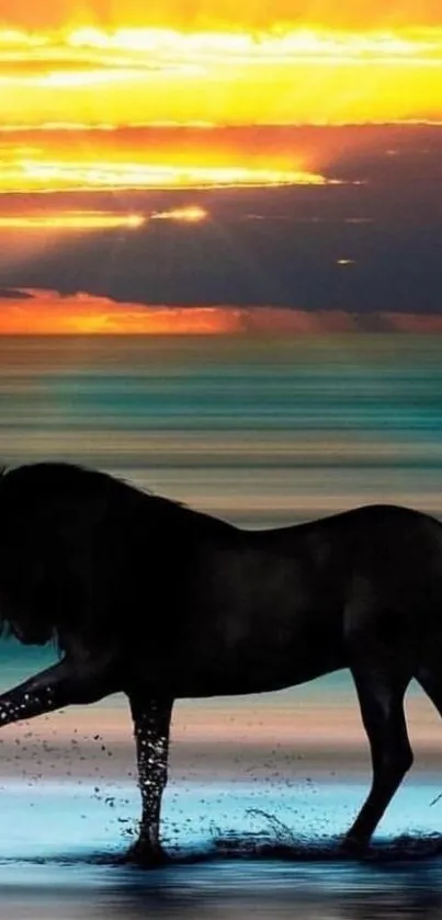 Silhouette of a horse at sunset on the beach with vibrant colors.