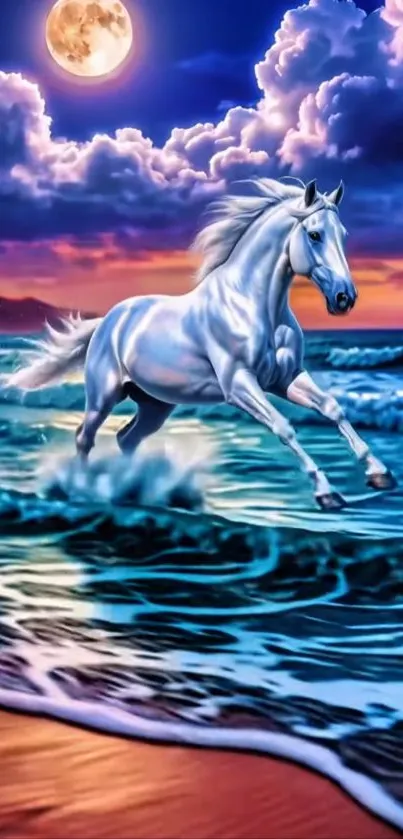 White horse galloping under a moonlit sky on ocean waves.