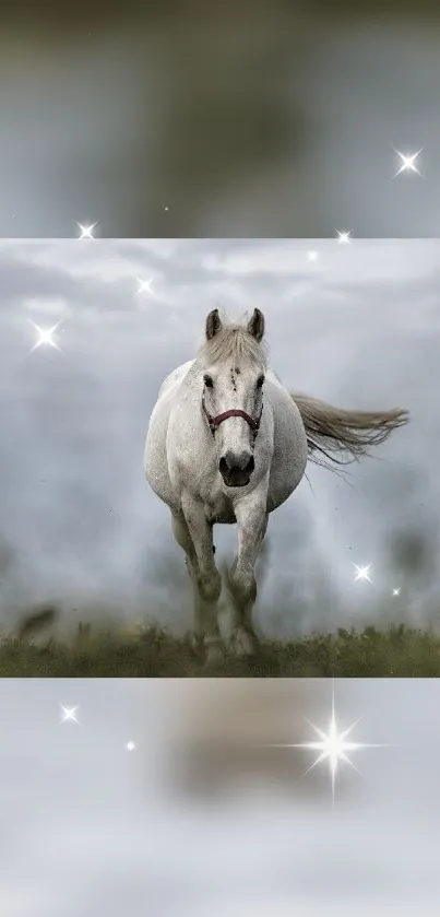 White horse galloping under a starry sky.