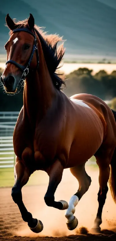 Majestic brown horse galloping on a trail with mountains in the background.