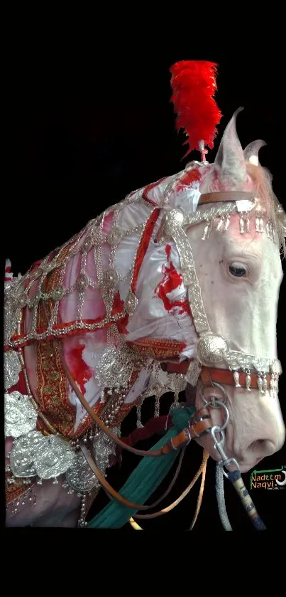 Majestic horse with intricate decorations on a black background.