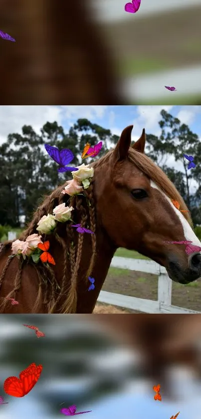 Horse with floral braids and colorful butterflies in a scenic area.