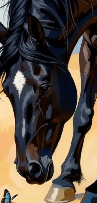 Majestic horse with a butterfly in a scenic artwork.