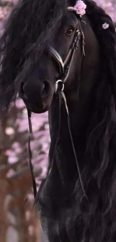 Majestic black horse with flowing mane and cherry blossoms.