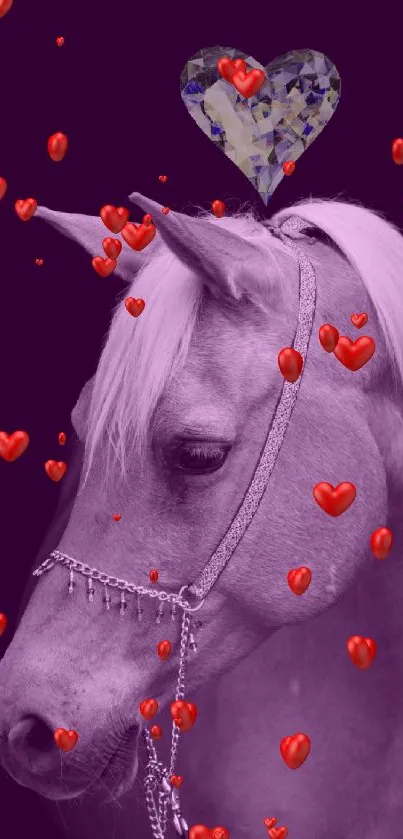 Majestic horse with a crystal heart against a purple background.