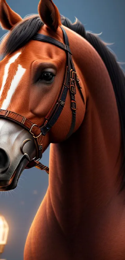 A majestic horse with a lantern, set against a serene background.