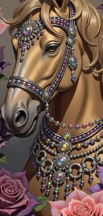 A beautifully adorned horse with ornate jewelry and roses.