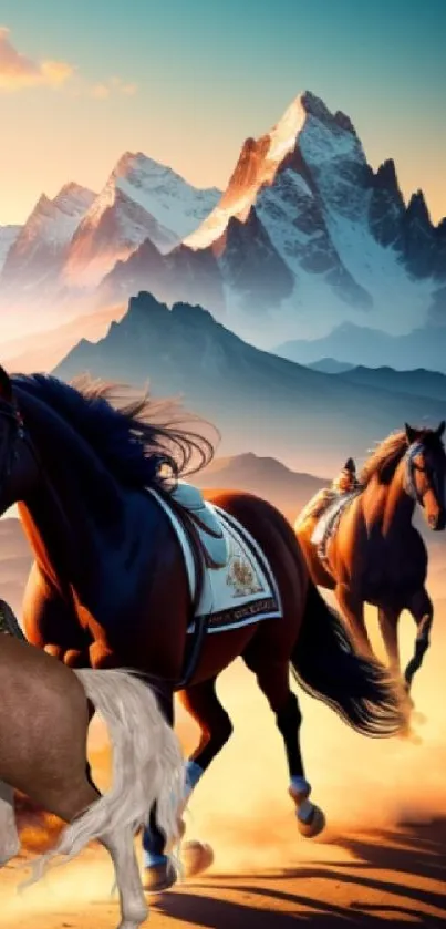 Majestic horses galloping at sunset in a mountain landscape.