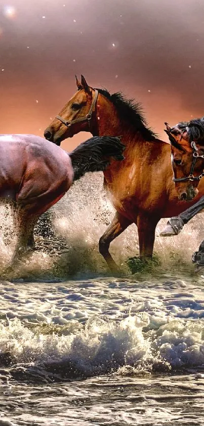 Majestic horses galloping through ocean waves during sunset.