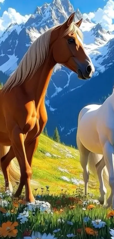 Horses grazing in a vibrant alpine meadow.