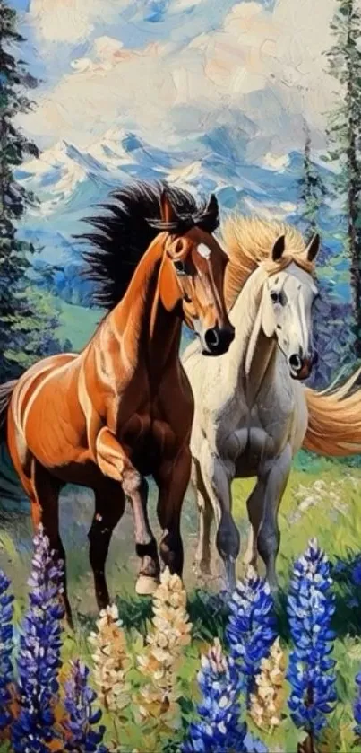 Two majestic horses in a colorful flower meadow.