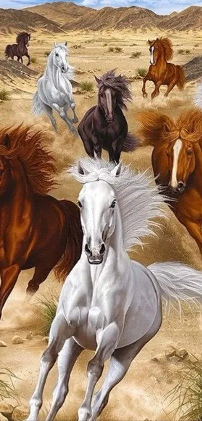 Majestic horses running through a desert landscape, showcasing natural beauty.