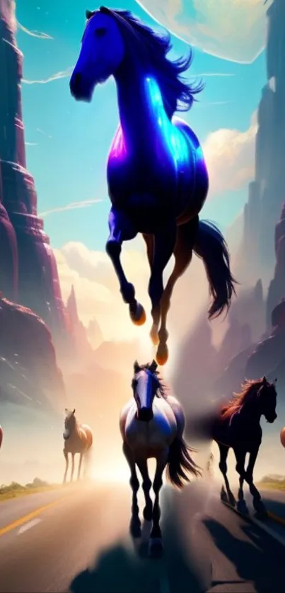 Horses running through a vibrant canyon landscape.