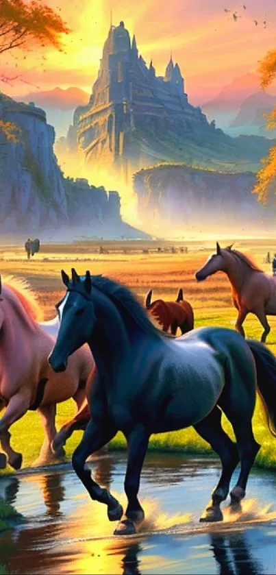 Majestic horses in a fantasy landscape with sunset.