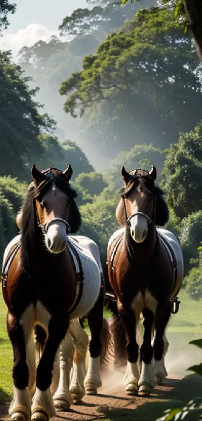 Two horses trotting on a forest path surrounded by lush greenery.