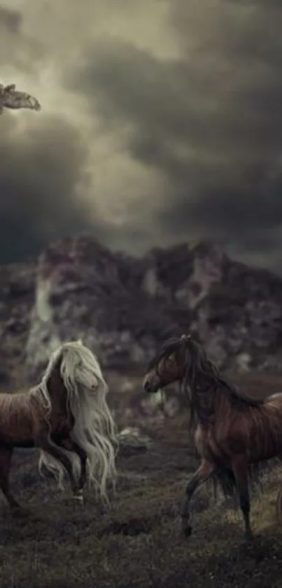 Majestic horses under a cloudy sky with an ethereal landscape background.