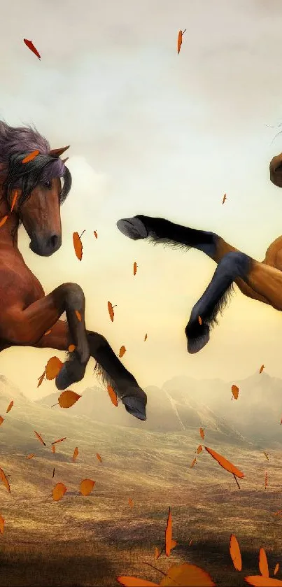 Two dynamic horses in an autumn setting with vivid orange leaves.