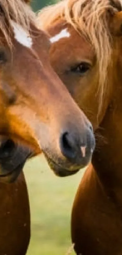 Two majestic brown horses in a green meadow, perfect for nature lovers.