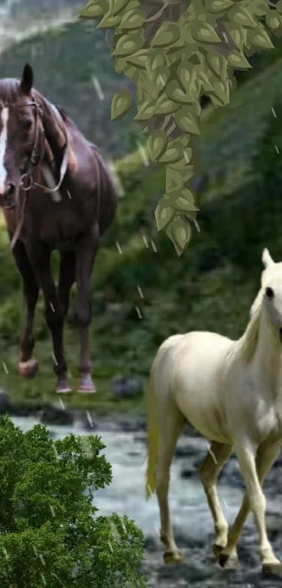 Two horses roaming in a lush green forest scene.