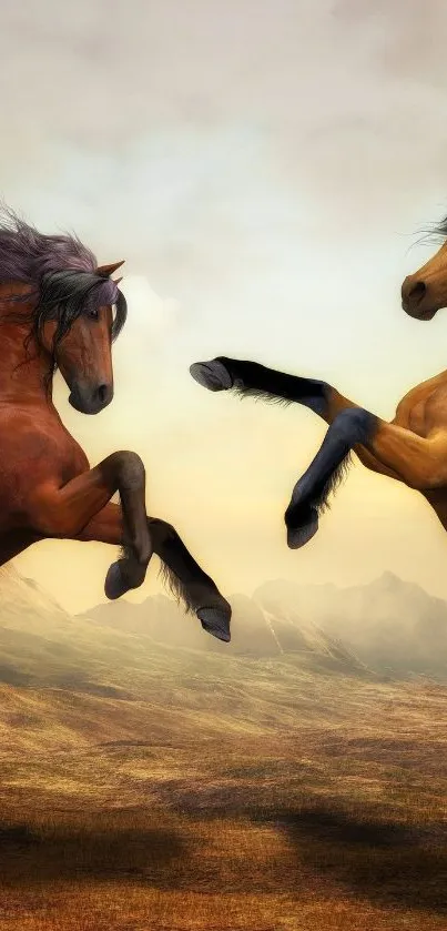 Dynamic horses in a scenic landscape wallpaper.