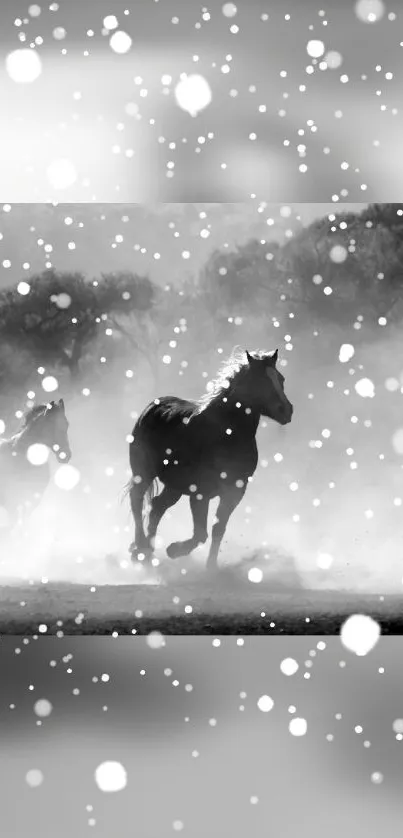 Black and white horses running in snow with a misty background.