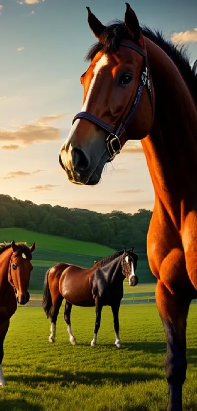 Three majestic horses in a sunlit green field landscape.