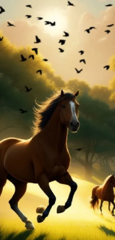 Two horses run through a sunlit forest, surrounded by lush greenery and birds.