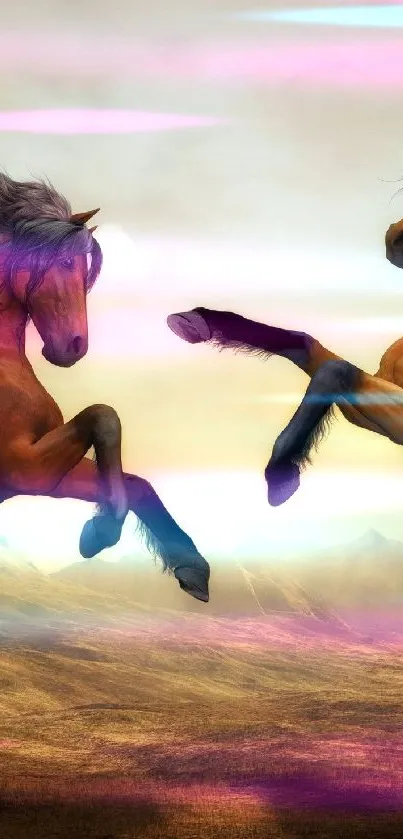 Two majestic horses galloping in the wild, showcasing freedom and power.