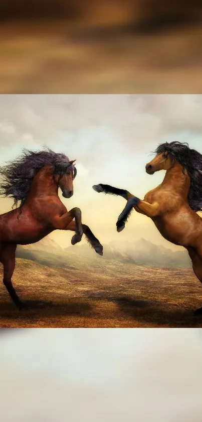 Two rearing horses against a mountainous backdrop in a dramatic and natural setting.