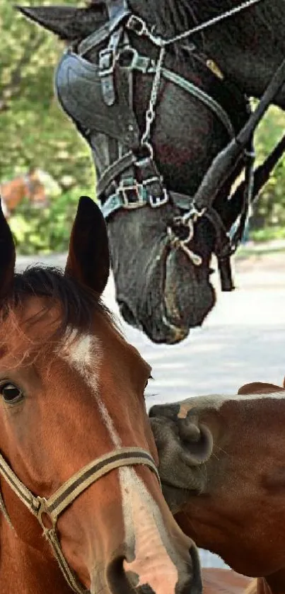 Close-up of two horses in a natural setting, perfect for equestrian-themed wallpapers.