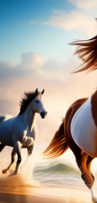 Horses gracefully running on a beach at sunset.