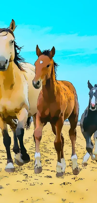 Horses running on a sandy beach under a bright blue sky.