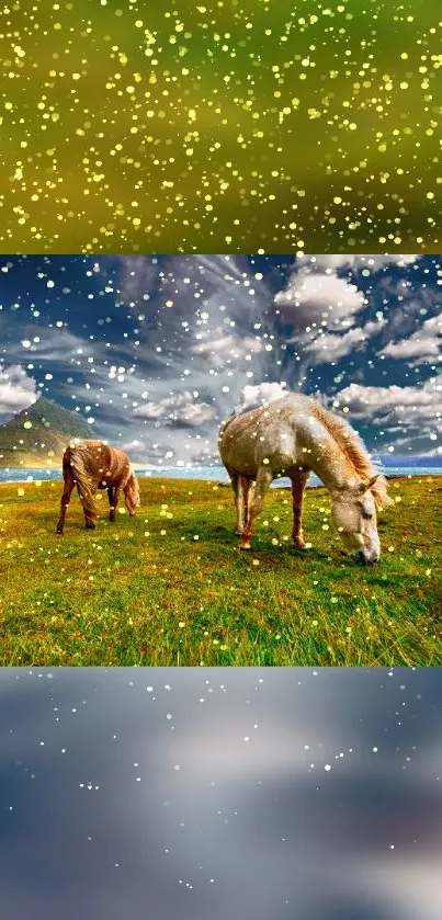 Horses grazing on a green field with a starry sky and mountains.