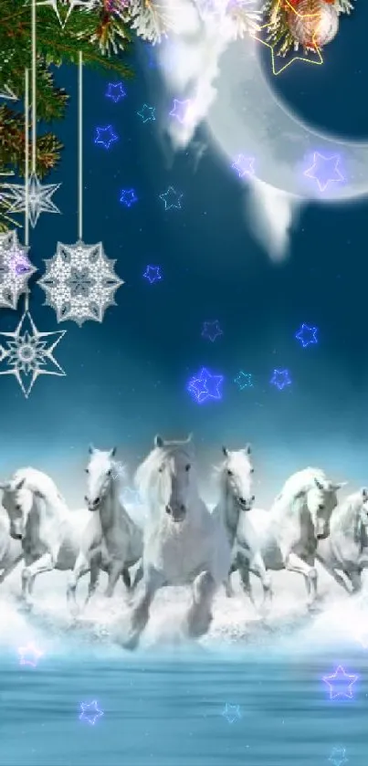 White horses galloping under a moonlit sky with festive decor.