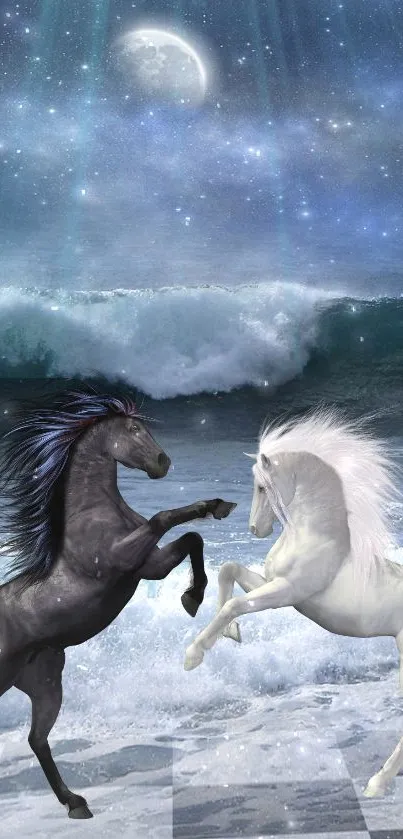 Two horses on a moonlit beach with waves and starry night.