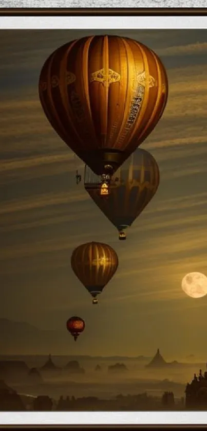 Hot air balloons drifting at dusk with a full moon.