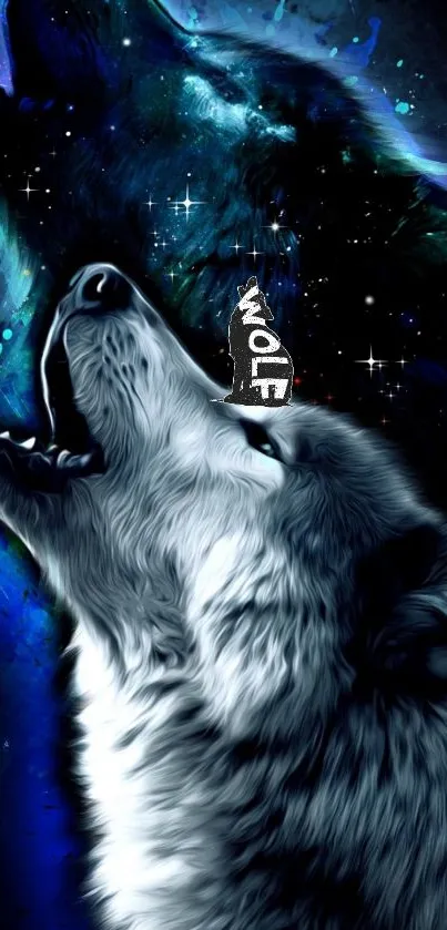 Howling wolf with cosmic background art.