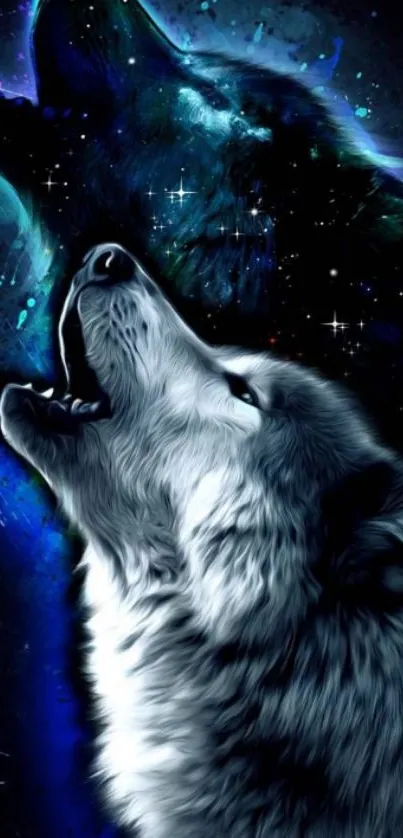 Wolf howling at the moon with galaxy background.