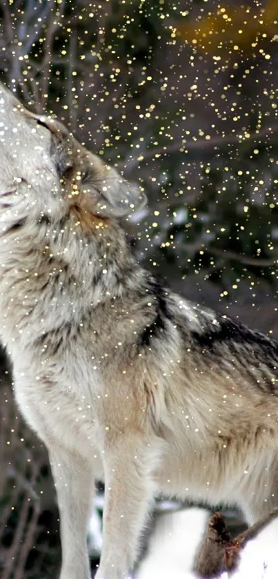 Wolf howling in a snowy forest scene, perfect for nature lovers.
