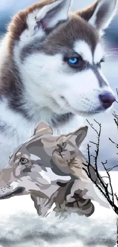 Majestic husky with wolf and winter scene in mobile wallpaper.