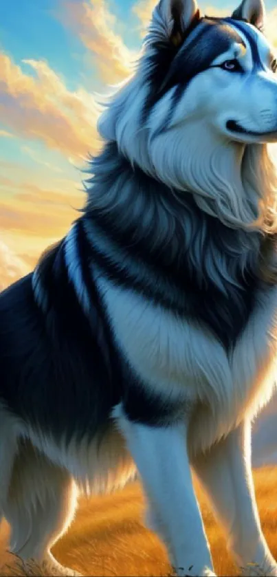 Majestic husky stands in golden sunlight with a dramatic sky backdrop.