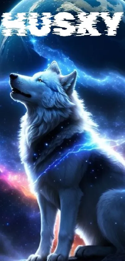 Majestic husky against cosmic galaxy backdrop
