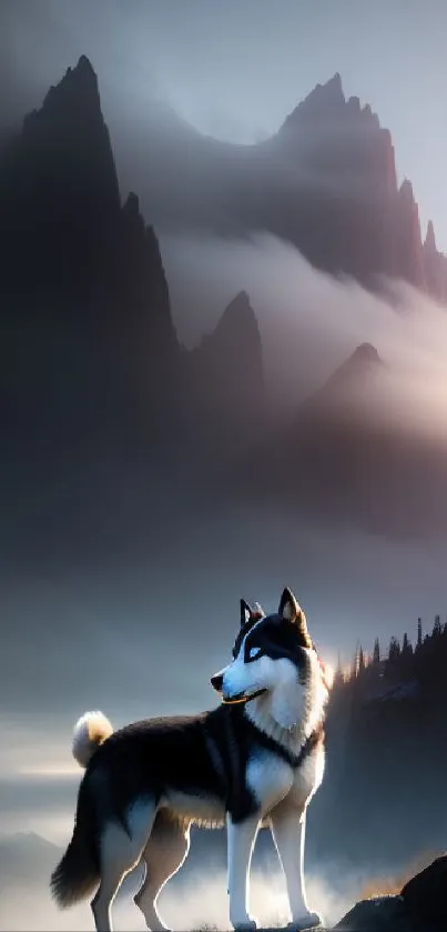 A majestic husky stands silhouetted against misty mountain peaks, capturing adventure.